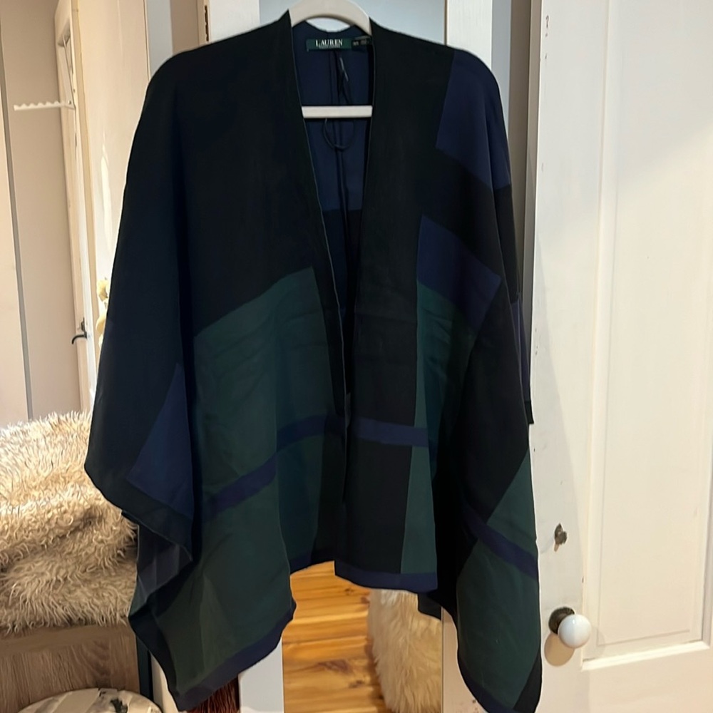 LAUREN Ralph Lauren Navy & Forest Green Open Front Poncho Jacket